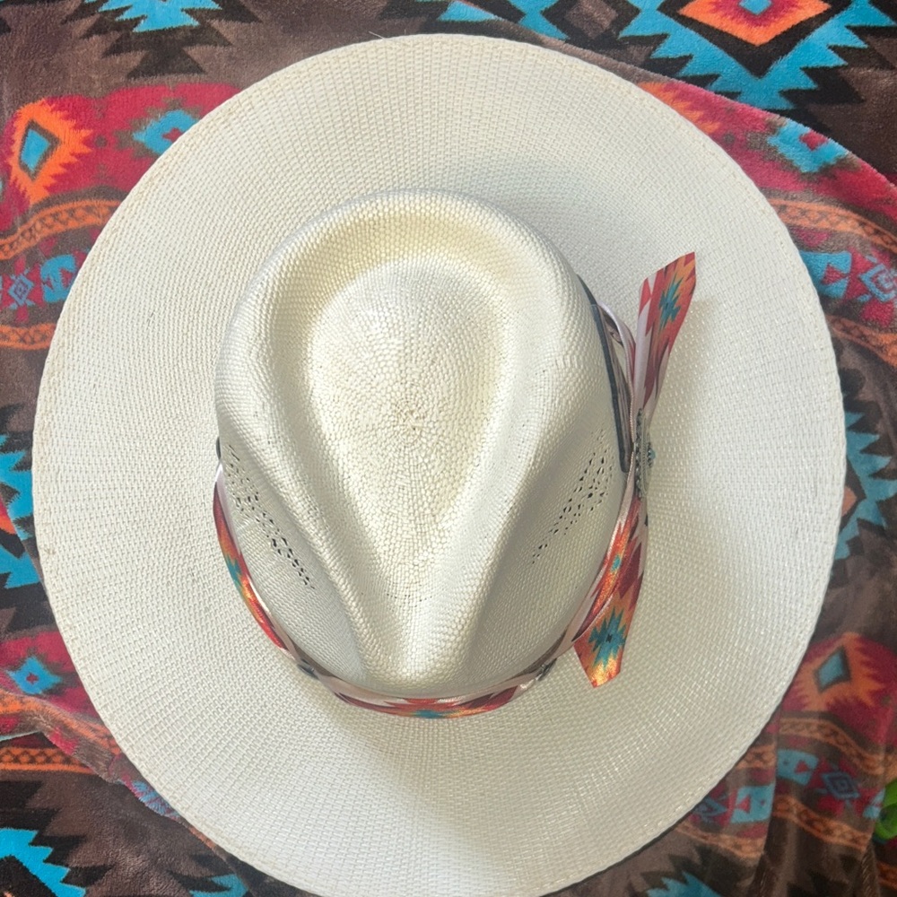 Cream Straw Cowboy Hat with Colorful Southwestern Hatband - Picture 3 of 3